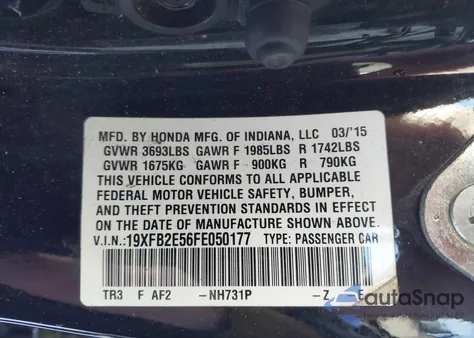 2015 Honda Civic Lx из США, поврежденный, VIN 19XFB2E56FE050177